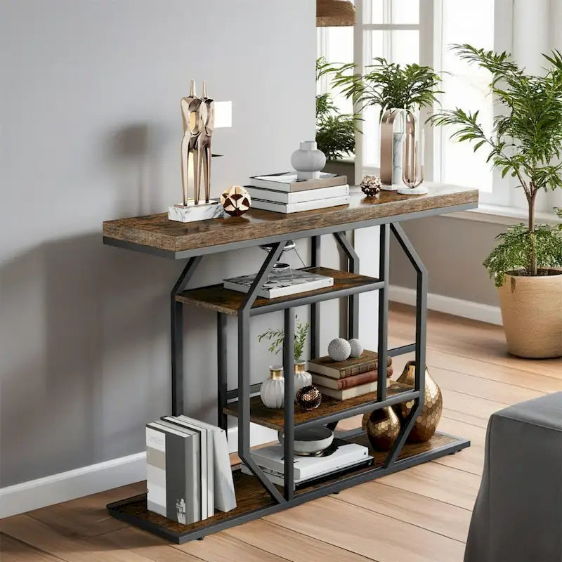 47.24-Inch Rustic Long Console Table with 4-Tier Shelves - Ideal for Entryway or Behind Couch Storage 1