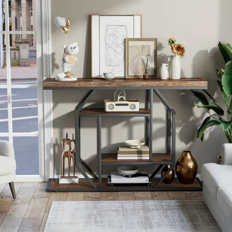 47.24-Inch Rustic Long Console Table with 4-Tier Shelves - Ideal for Entryway or Behind Couch Storage 4