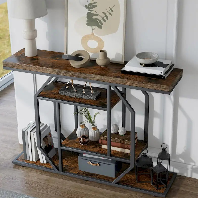 47.24-Inch Rustic Long Console Table with 4-Tier Shelves - Ideal for Entryway or Behind Couch Storage 5