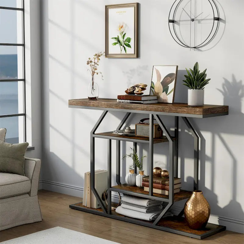 47.24-Inch Rustic Long Console Table with 4-Tier Shelves - Ideal for Entryway or Behind Couch Storage 7