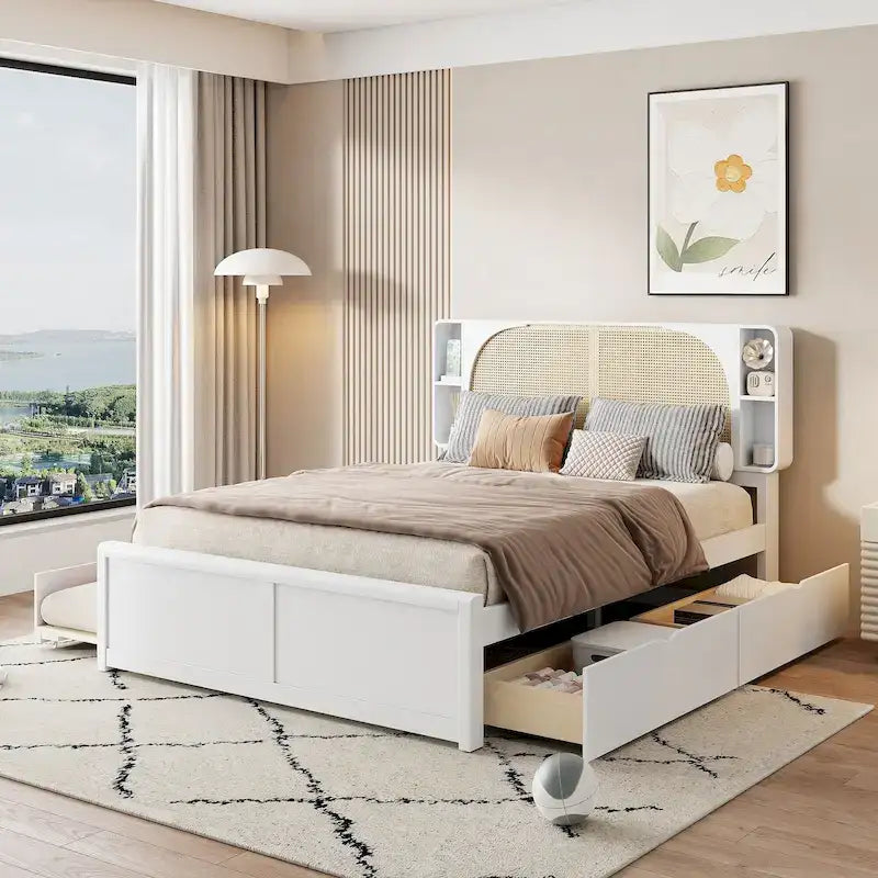 White Queen Size Rattan Bed with Trundle and Dual Storage Drawers 13