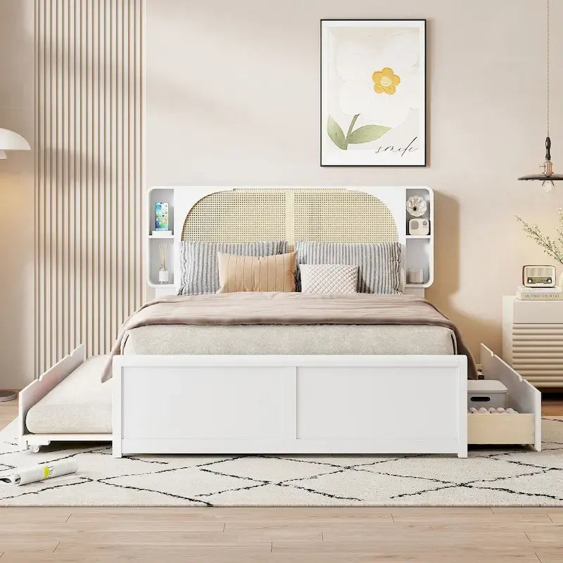 White Queen Size Rattan Bed with Trundle and Dual Storage Drawers 2