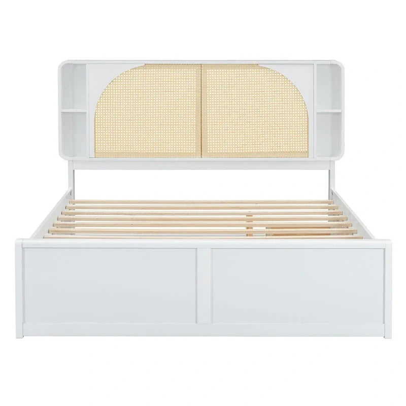 White Queen Size Rattan Bed with Trundle and Dual Storage Drawers 3