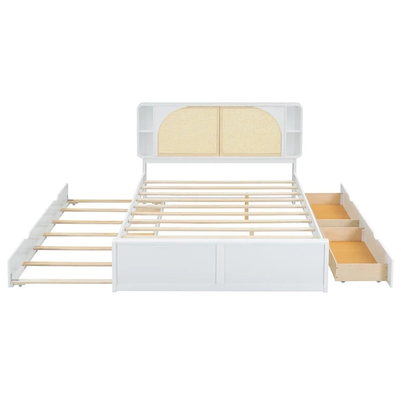 White Queen Size Rattan Bed with Trundle and Dual Storage Drawers 4