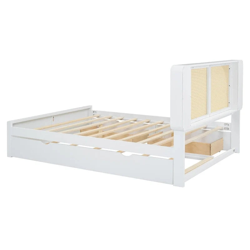 White Queen Size Rattan Bed with Trundle and Dual Storage Drawers 5
