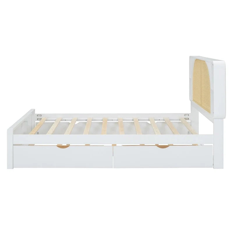 White Queen Size Rattan Bed with Trundle and Dual Storage Drawers 6