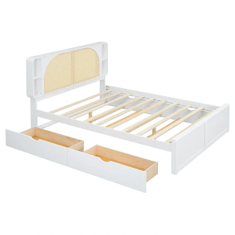 White Queen Size Rattan Bed with Trundle and Dual Storage Drawers 7