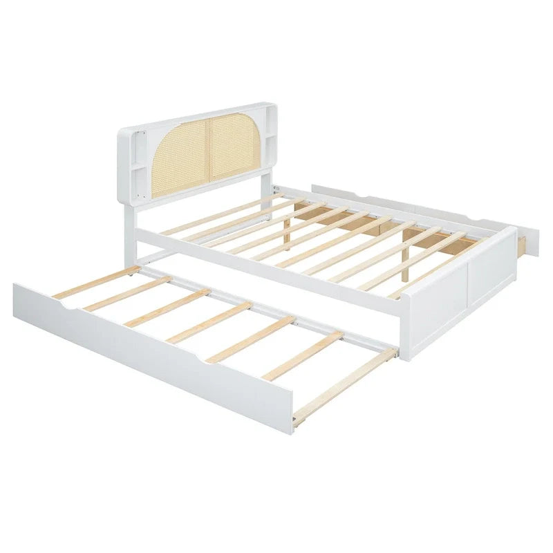 White Queen Size Rattan Bed with Trundle and Dual Storage Drawers 8