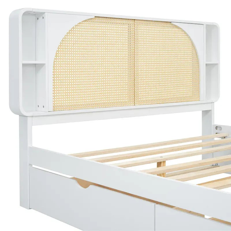 White Queen Size Rattan Bed with Trundle and Dual Storage Drawers 9