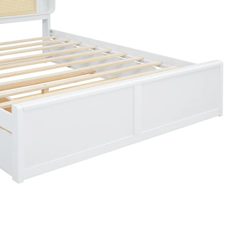 White Queen Size Rattan Bed with Trundle and Dual Storage Drawers 11