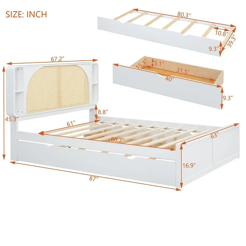 White Queen Size Rattan Bed with Trundle and Dual Storage Drawers 12
