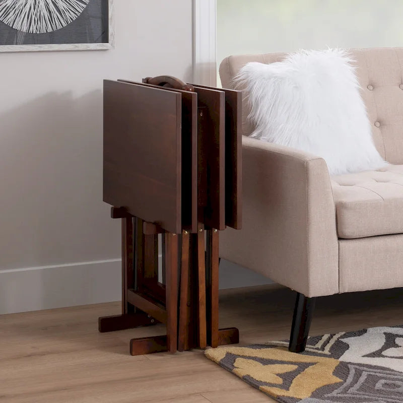 26.25-Inch Hazelnut Brown 5-Piece Folding Tray Table Set with Stand 1