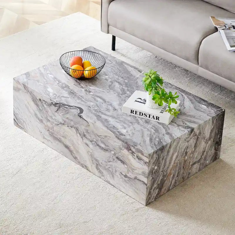 Contemporary Rectangular Coffee Table with Sturdy Base and Imitation Marble Finish for Living Room 16