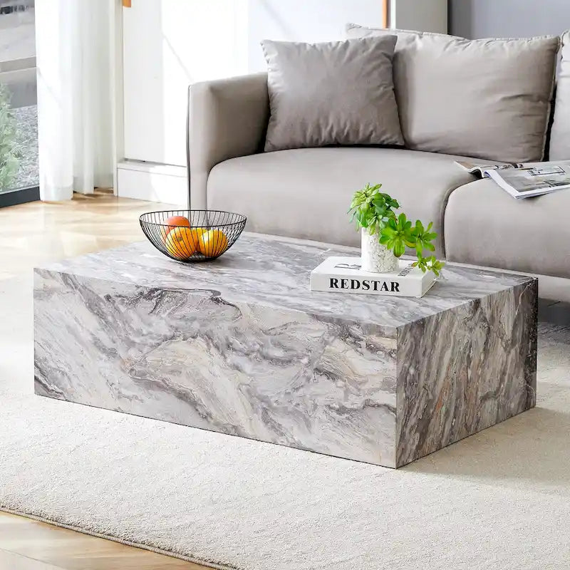 Contemporary Rectangular Coffee Table with Sturdy Base and Imitation Marble Finish for Living Room 17
