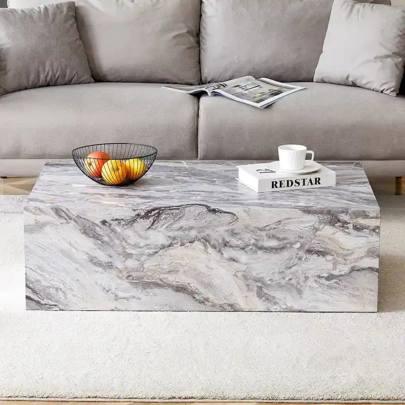 Contemporary Rectangular Coffee Table with Sturdy Base and Imitation Marble Finish for Living Room 18