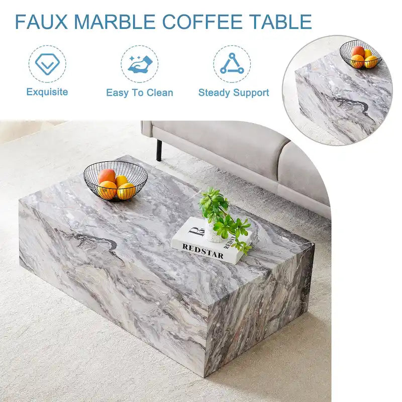 Contemporary Rectangular Coffee Table with Sturdy Base and Imitation Marble Finish for Living Room 20