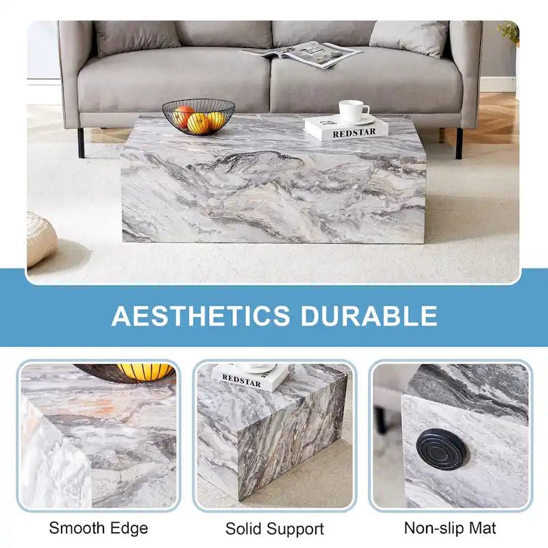 Contemporary Rectangular Coffee Table with Sturdy Base and Imitation Marble Finish for Living Room 21
