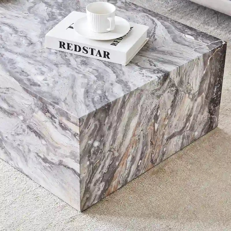 Contemporary Rectangular Coffee Table with Sturdy Base and Imitation Marble Finish for Living Room 23