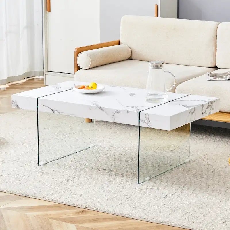 Rectangular Coffee Table with Tempered Glass Legs - Wooden Side and Center Tables for Living Room and Reception Area 36