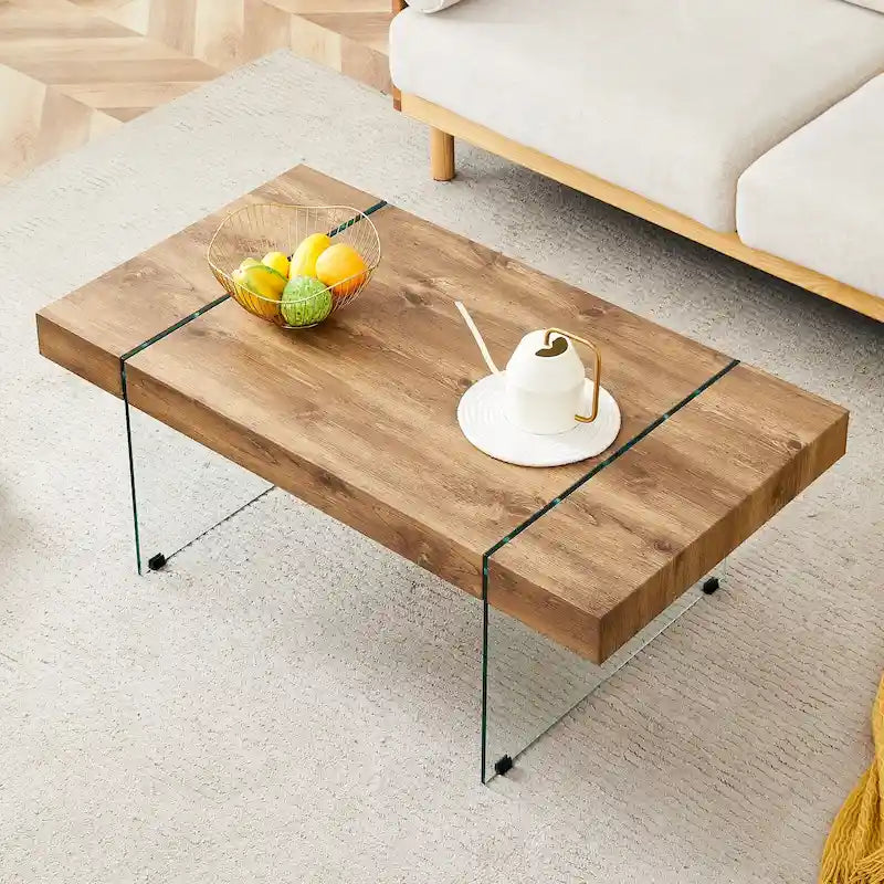 Rectangular Coffee Table with Tempered Glass Legs - Wooden Side and Center Tables for Living Room and Reception Area 37
