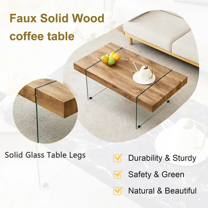 Rectangular Coffee Table with Tempered Glass Legs - Wooden Side and Center Tables for Living Room and Reception Area 5