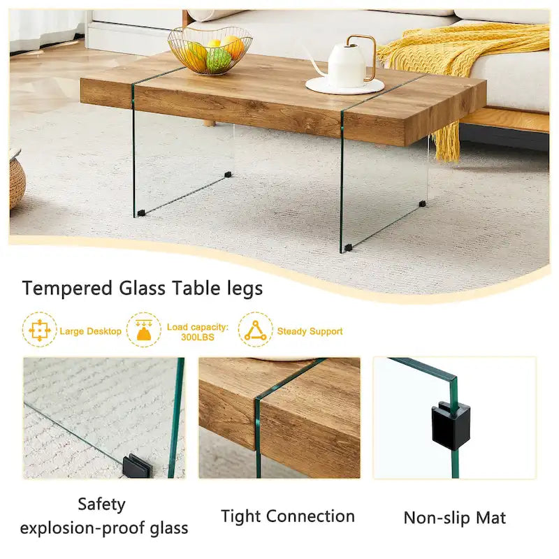 Rectangular Coffee Table with Tempered Glass Legs - Wooden Side and Center Tables for Living Room and Reception Area 7
