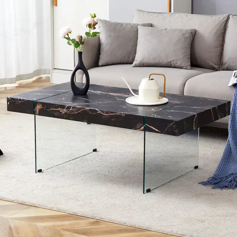 Rectangular Coffee Table with Tempered Glass Legs - Wooden Side and Center Tables for Living Room and Reception Area 32