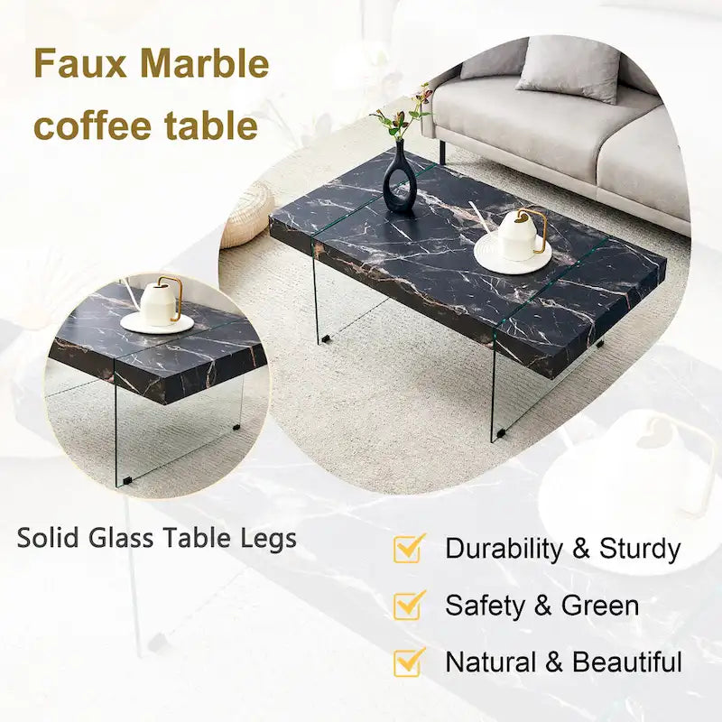 Rectangular Coffee Table with Tempered Glass Legs - Wooden Side and Center Tables for Living Room and Reception Area 35