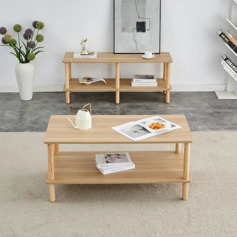 39-Inch Coffee Table with Two-Tier Design and Rubberwood Legs 2