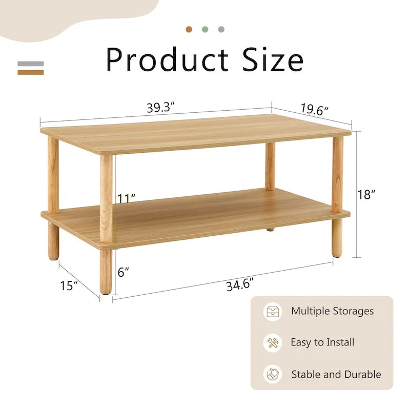 39-Inch Coffee Table with Two-Tier Design and Rubberwood Legs 6