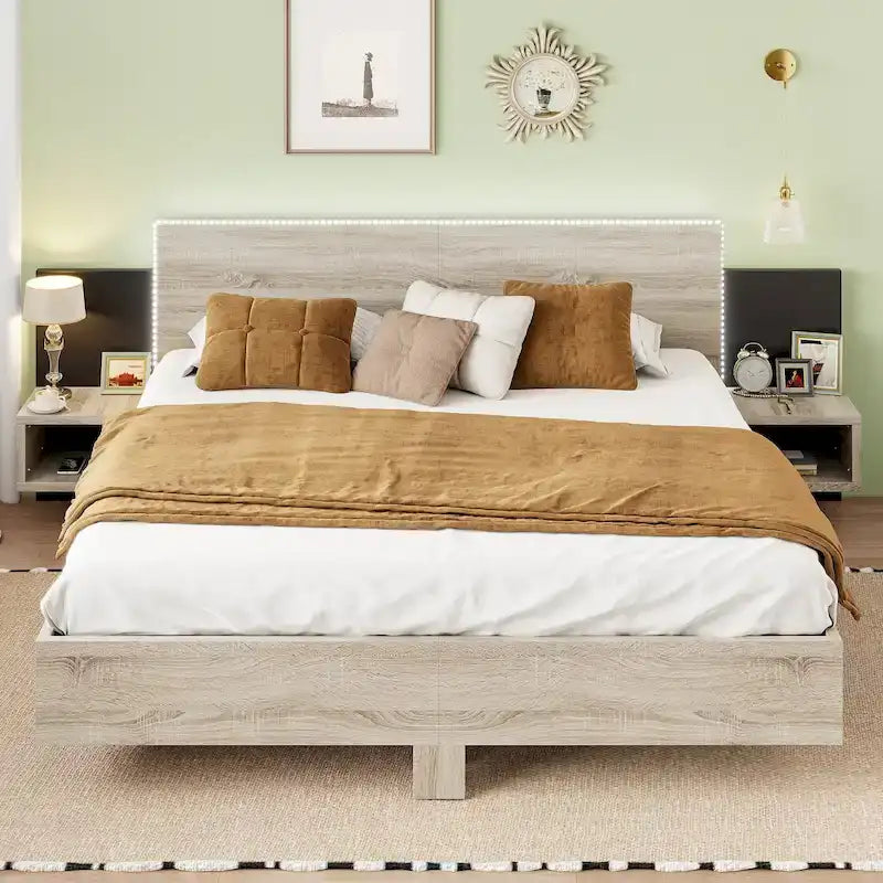 Contemporary King Floating Bed Frame with Wooden LED Storage Platform and Two Nightstands with LED Lighting 1
