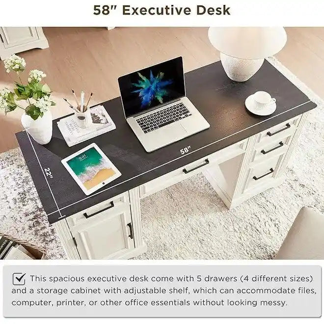58-Inch Large Office Desk with Drawers and Embossed Texture 10