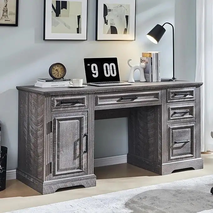 58-Inch Large Office Desk with Drawers and Embossed Texture 14
