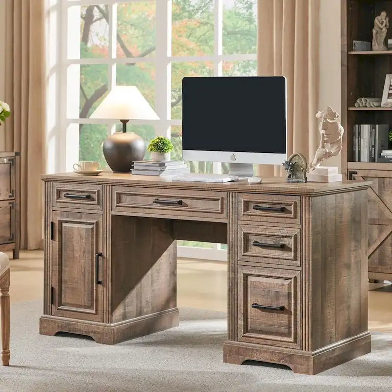 58-Inch Large Office Desk with Drawers and Embossed Texture 20