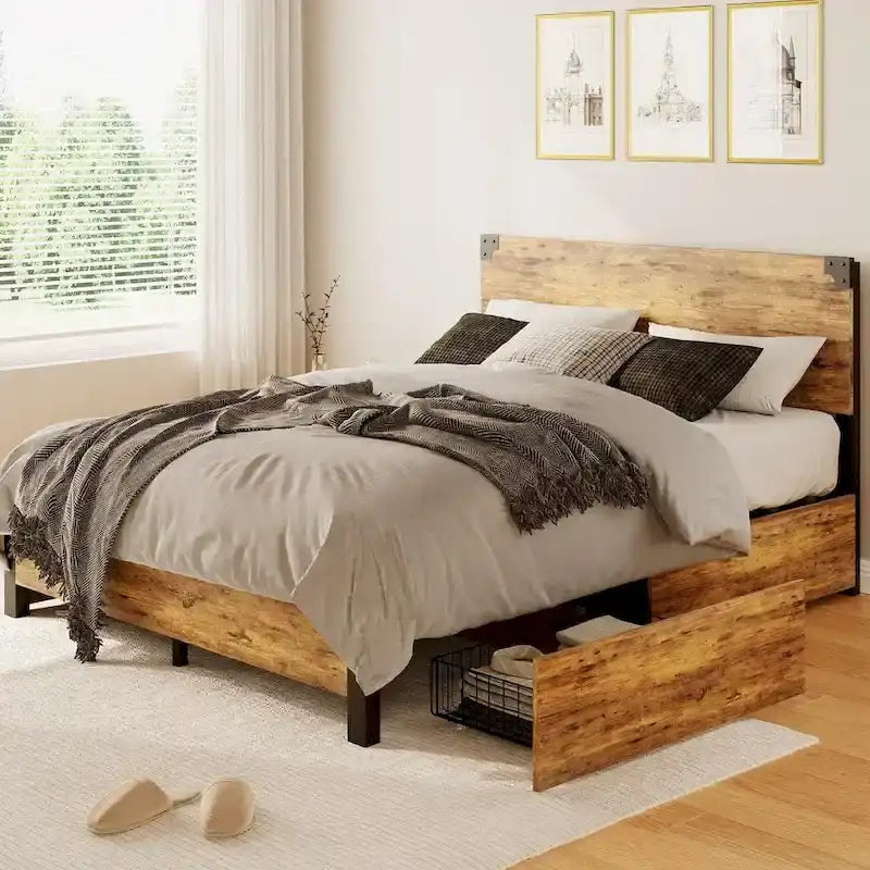 Metal Bed Frame with Wooden Headboard and 4 Storage Drawers 1