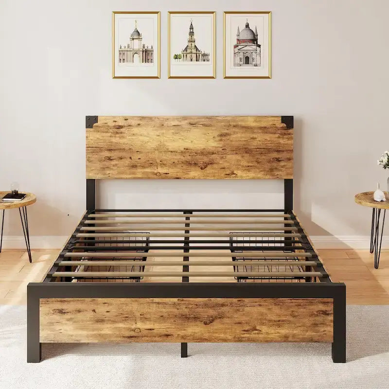 Metal Bed Frame with Wooden Headboard and 4 Storage Drawers 2