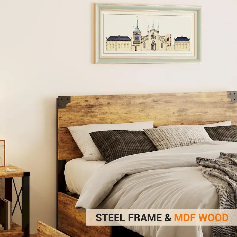 Metal Bed Frame with Wooden Headboard and 4 Storage Drawers 4