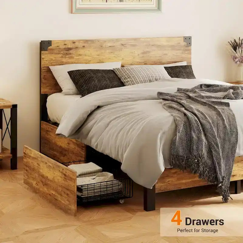 Metal Bed Frame with Wooden Headboard and 4 Storage Drawers 5