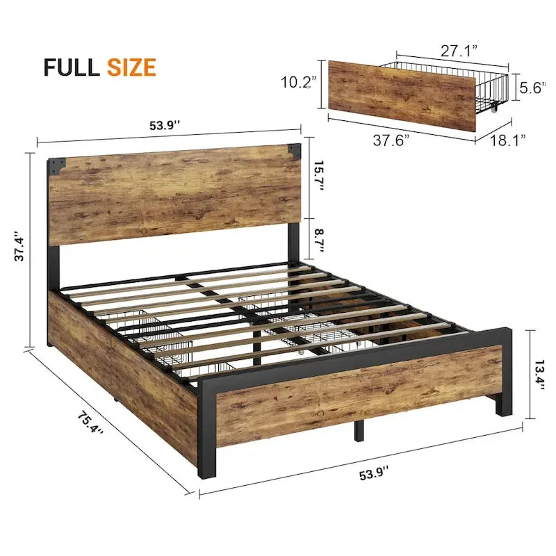 Metal Bed Frame with Wooden Headboard and 4 Storage Drawers 7
