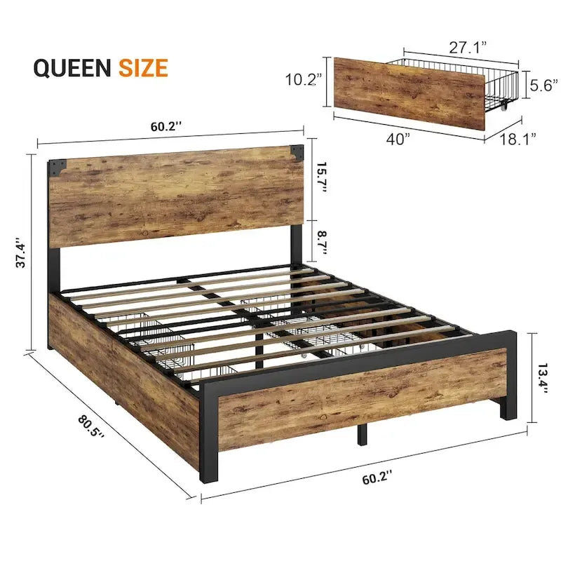 Metal Bed Frame with Wooden Headboard and 4 Storage Drawers 8