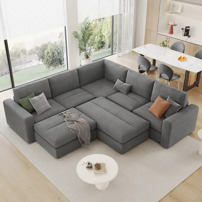 Corduroy Modular Sectional Sofa Bed with Recliner and 2 Movable Ottomans – Perfect for Living Rooms 1