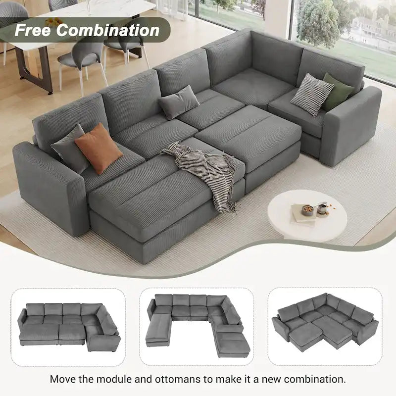 Corduroy Modular Sectional Sofa Bed with Recliner and 2 Movable Ottomans – Perfect for Living Rooms 6