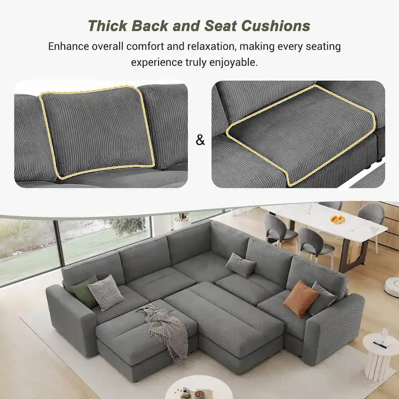 Corduroy Modular Sectional Sofa Bed with Recliner and 2 Movable Ottomans – Perfect for Living Rooms 7