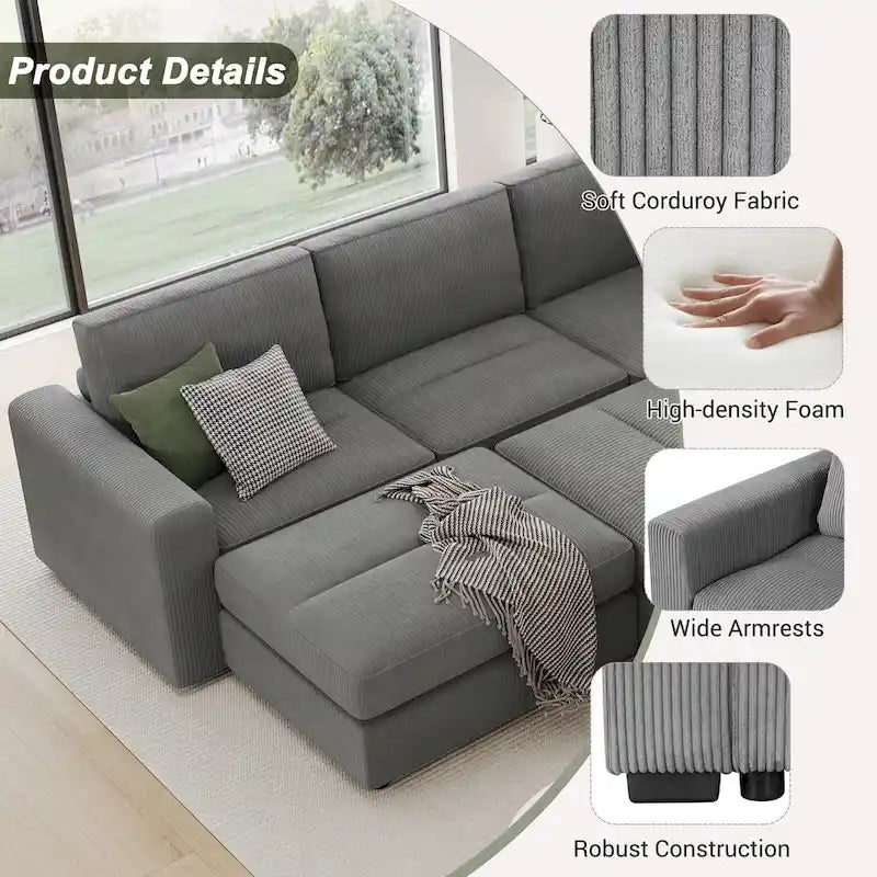 Corduroy Modular Sectional Sofa Bed with Recliner and 2 Movable Ottomans – Perfect for Living Rooms 8