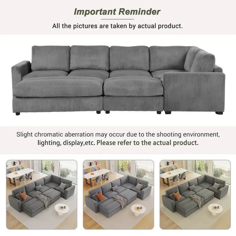 Corduroy Modular Sectional Sofa Bed with Recliner and 2 Movable Ottomans – Perfect for Living Rooms 9