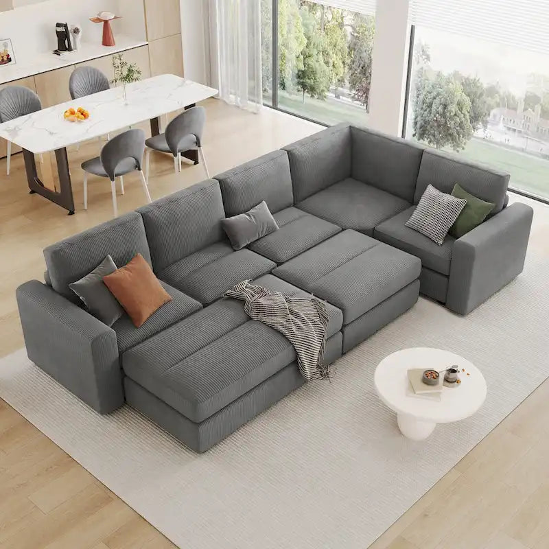 Corduroy Modular Sectional Sofa Bed with Recliner and 2 Movable Ottomans – Perfect for Living Rooms 10