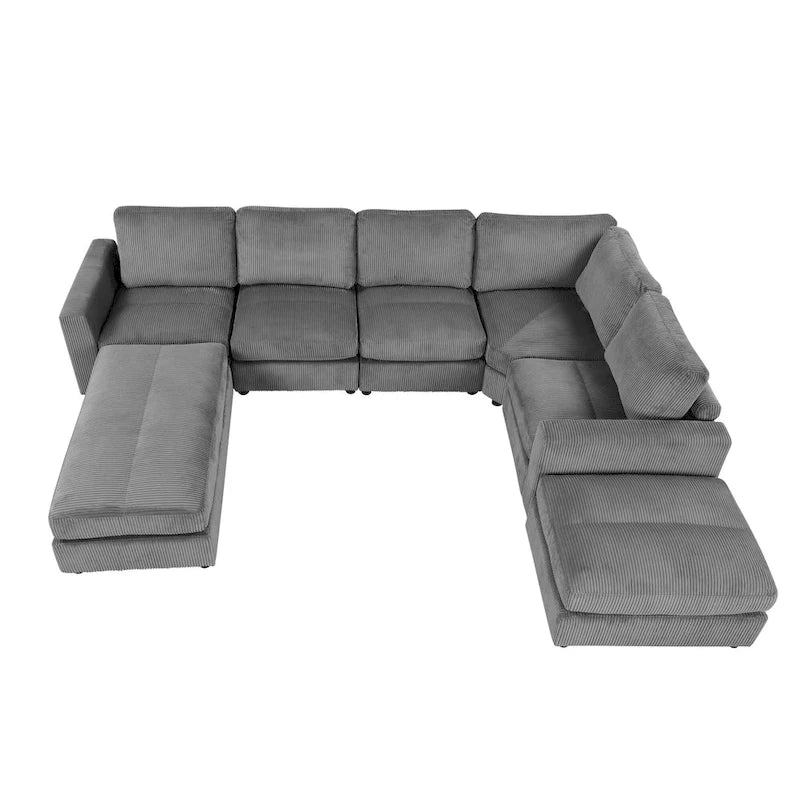 Corduroy Modular Sectional Sofa Bed with Recliner and 2 Movable Ottomans – Perfect for Living Rooms 13