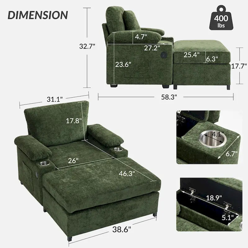 Chenille Oversized Chair Set with Ottoman and USB Charging Port 6