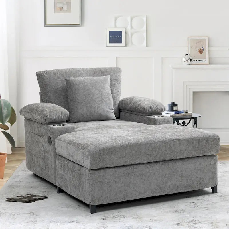 Chenille Oversized Chair Set with Ottoman and USB Charging Port 12
