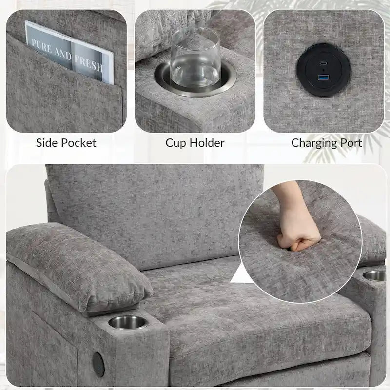 Chenille Oversized Chair Set with Ottoman and USB Charging Port 15
